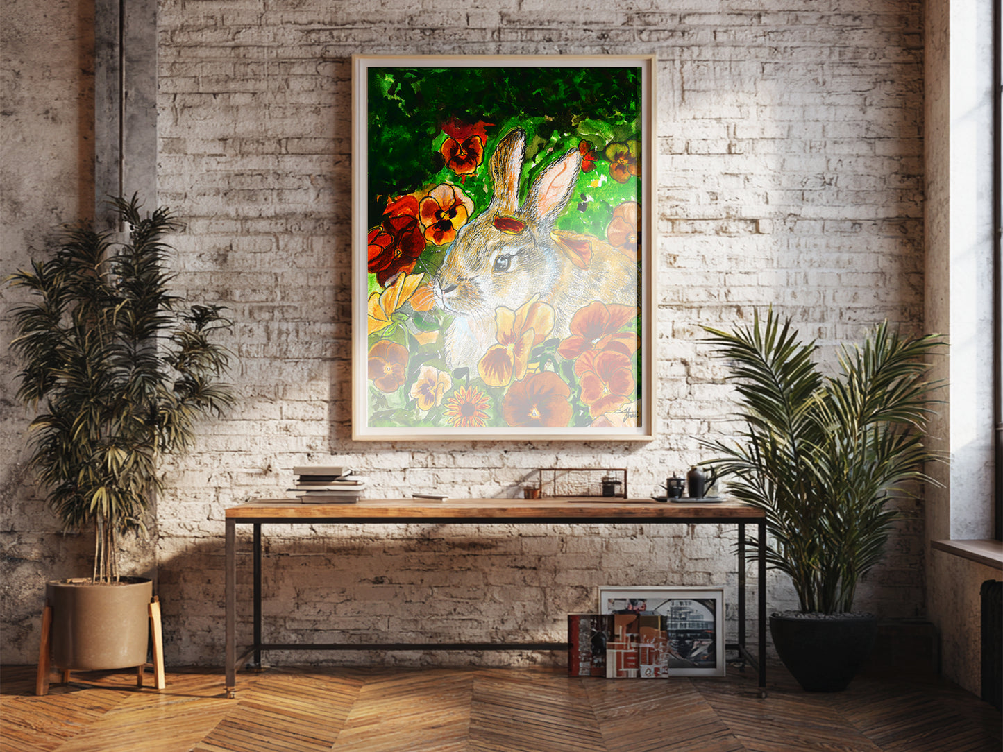 Watercolor Bunny Printable Wall Art: Rabbit in Flowers Printable, Woodland Animal (Digital Download), Spring Garden Nursery Decor