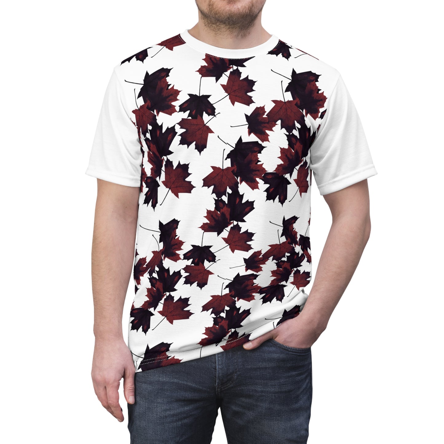 Autumn Leaf Print Unisex Tee - Nature-Inspired Cut & Sew T-Shirt