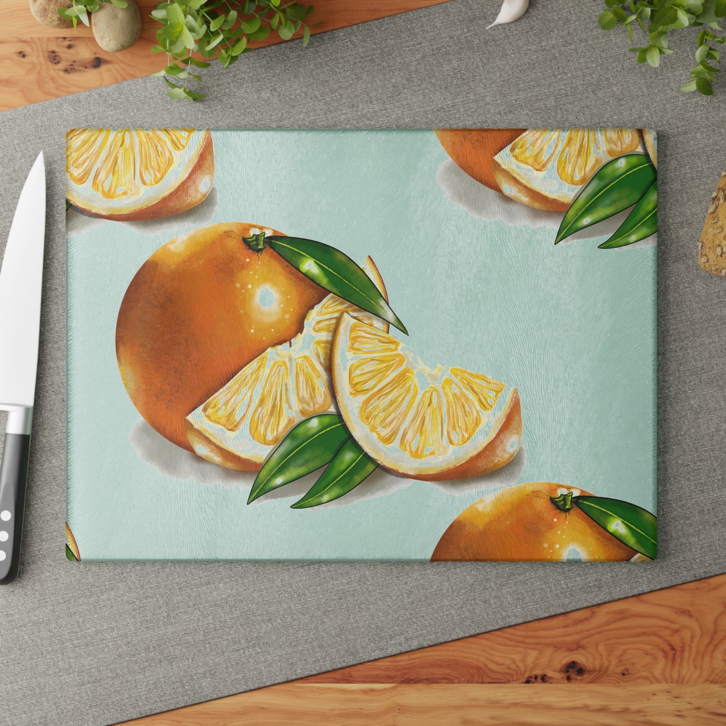 Citrus-Themed Glass Cutting Board, Kitchen Decor, Orange Slice Artwork, Unique Gift for Chefs, Summer Parties, Home Cooking