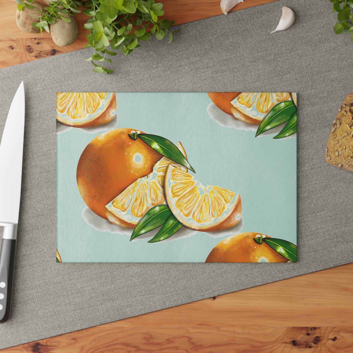 Citrus-Themed Glass Cutting Board, Kitchen Decor, Orange Slice Artwork, Unique Gift for Chefs, Summer Parties, Home Cooking