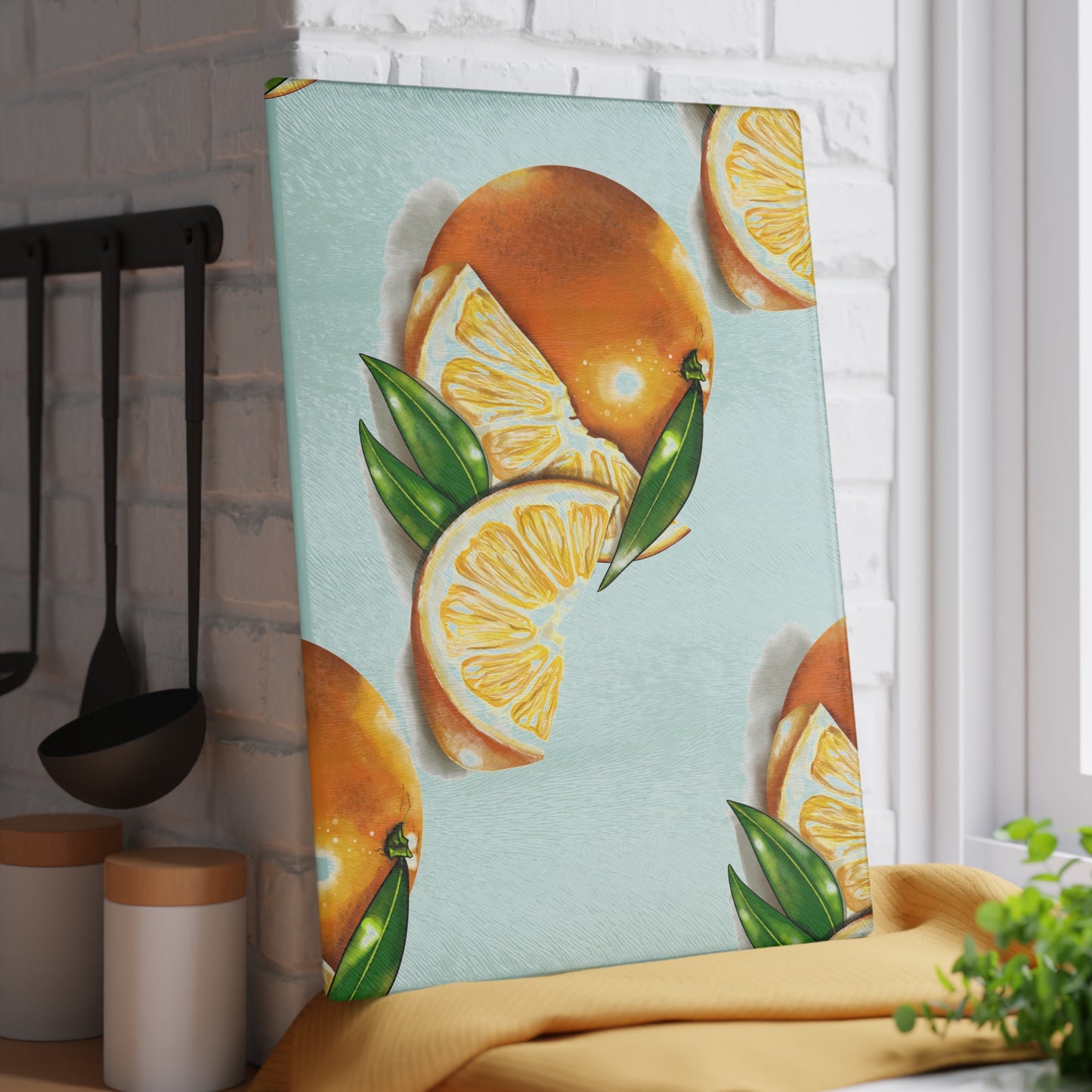 Citrus-Themed Glass Cutting Board, Kitchen Decor, Orange Slice Artwork, Unique Gift for Chefs, Summer Parties, Home Cooking