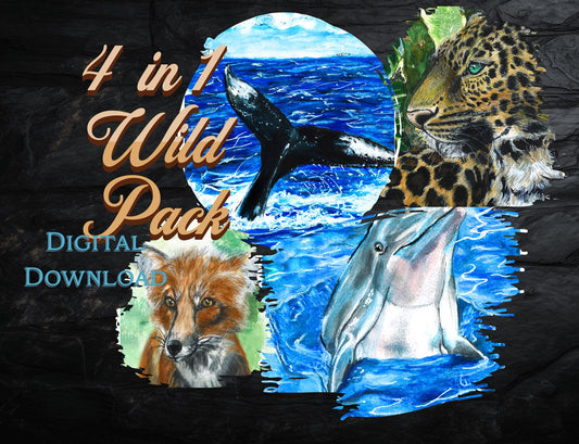Watercolor Animal Printable Wall Art Set: Dolphin, Fox, Whale, Leopard (Digital Download)