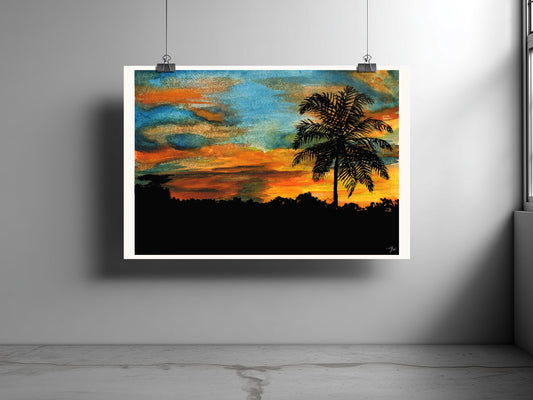 Sunset Beach Watercolor Art Print: Coastal Ocean View (Digital Download