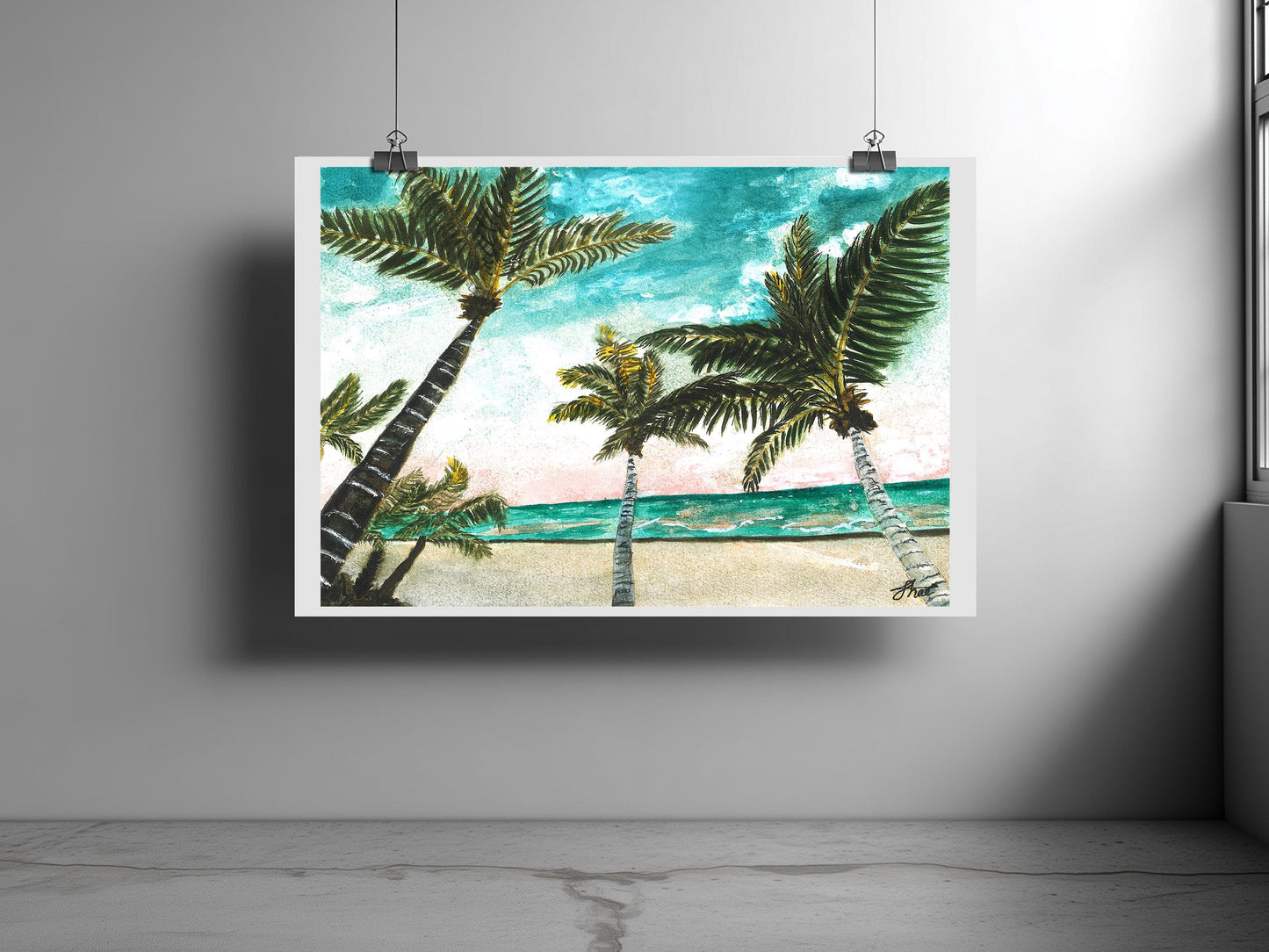 Coastal Seascape Watercolor Art Print: Beach Sunset Paradise (Digital Download)