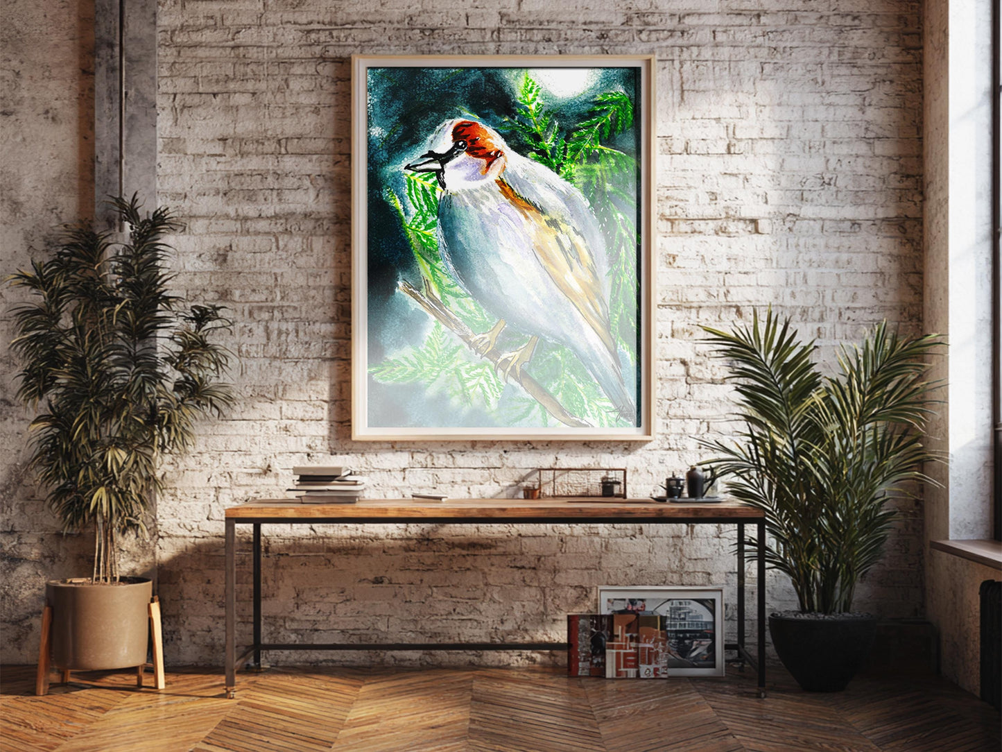 Silver Sparrow Watercolor Print: Moonlight Forest Bird Art (Digital Download